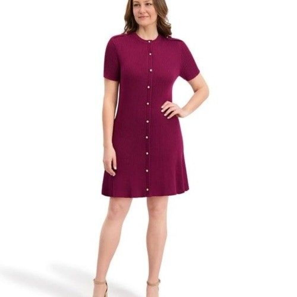 French Connection Women's Button-Up Mini Sweater Dress Wine Size Small